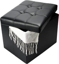 Storage Ottoman, Folding Foot Stool with Thicker Foam Padded Seat Small Leather 