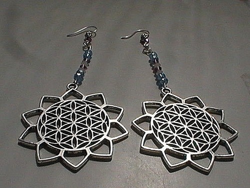 SACRED GEOMETRY EARRINGS blessed FLOWER OF LIFE LONG tribal festival - Picture 4 of 10