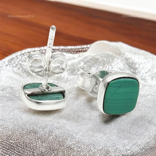 Natural Malachite Stud Heart Chakra Earrings 925 Silver Wedding Gift - Picture 6 of 9