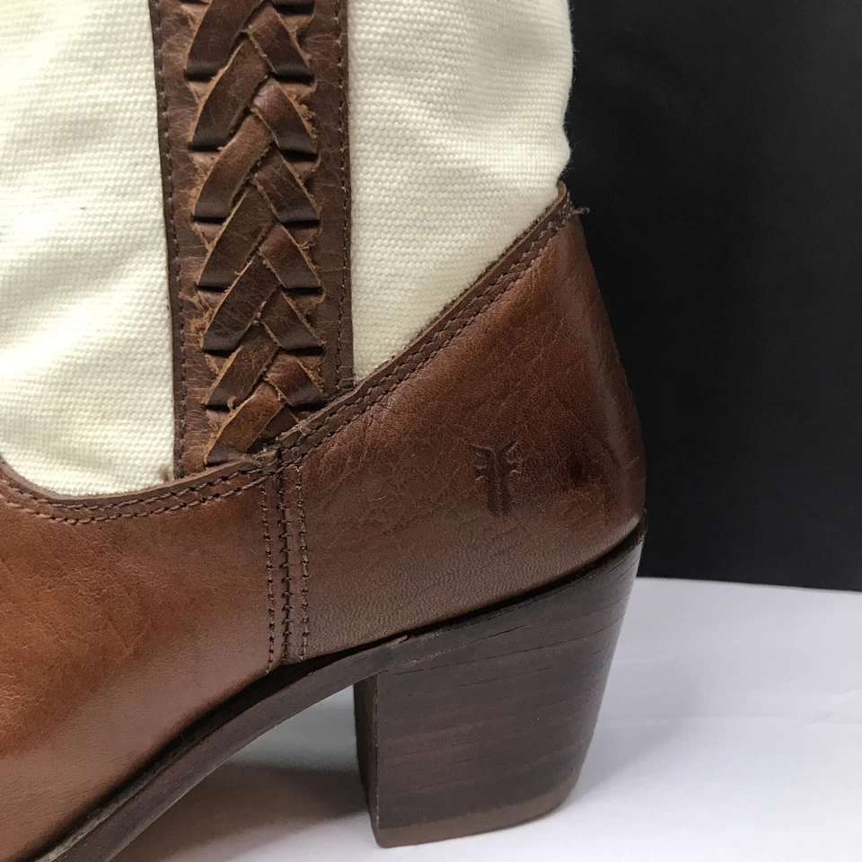 Frye Jane Braid Tan Leather Canvas Pull On Western Boots Women's Sz 6B 77225 - Image 2 of 4