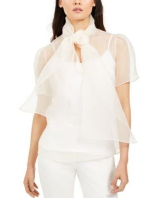 Anne Klein Women's Silk Sheer Tie-Front Top Anne White size  2