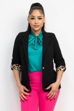 Women s One Button Blazer with leopard print - Black/ Business and Office wear
