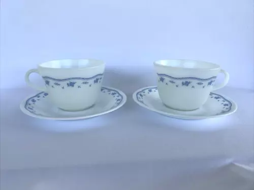 Set of 2 Vintage Pyrex Coffee Tea Cup & Saucer Morning  & Blue Flowers 7-8oz Cup