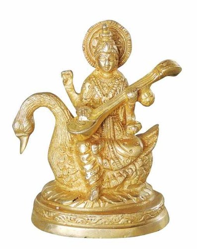 Saraswati Statue Brass Hindu Religious Goddess Sarasvati Idol Wisdom Music 4.8" - Picture 2 of 4