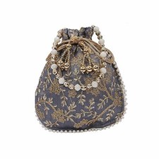 Traditional Rare Silk Embroidered Handmade Women Potli Bag Grey 1 Pc