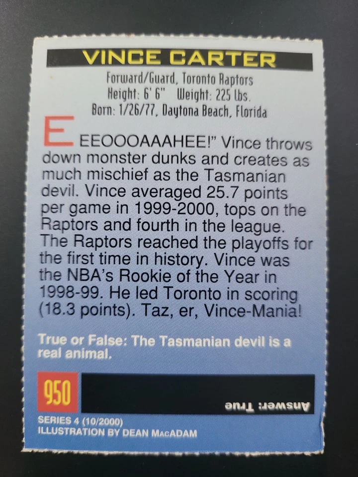 2000 Sports Illustrated Si for Kids nba Vince Carter TAZMANIAN DEVIL #950 - Image 2 of 2