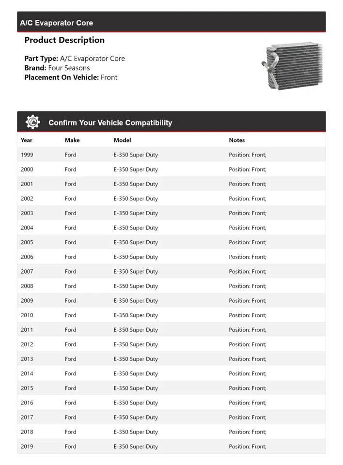 Núcleo evaporador delantero 4 estaciones 2000 para Ford E-350 Super Duty 1999-2019 Foto 2 de 4