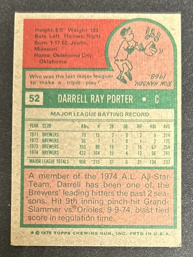 1975 Topps Darrell Porter Baseball Card #52 Brewers Catcher Low-Grade O/C - Image 2 of 2