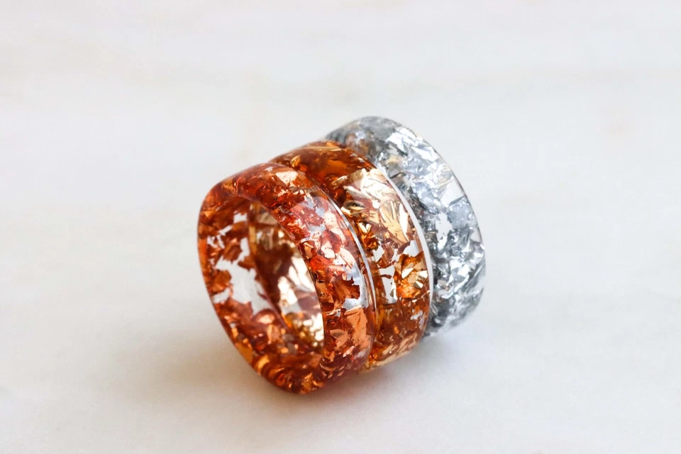 Juego de 3 Anillos de Resina con Copos de Oro, Cobre y Plata, Regalo Amistad Foto 4 de 4