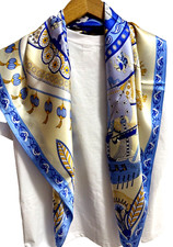35"x35"Blue Art Flowers Print Pure Mulberry Satin Silk14momme Scarf 88x88cm5-59