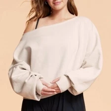 Blogilates Dance Studio Off the Shoulder Sweatshirt Light Taupe Small NEW