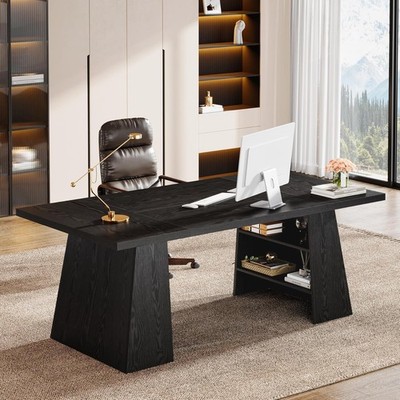 63-Inch Modern Executive Desk, Black Simple Computer Desk with Storage Shelves