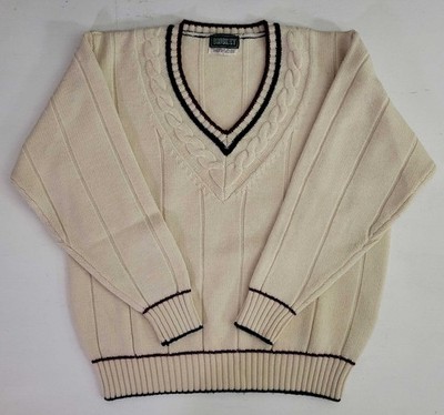 Vtg 80s Cricket Wool Striped V Neck Chunky Cable Knit Preppy Tennis Sweater L