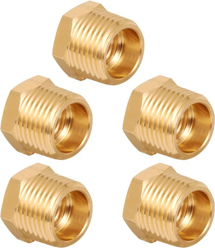 5-Pack Brass Hex Bushing 1/2" NPT Male to 1/4" NPT Female Reducer