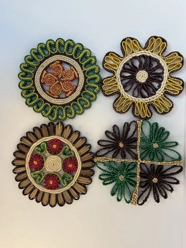 Raffia Trivets Woven Rattan Straw Vintage set of 4 BOHO Colorful Wall Folk Art - product listing photo