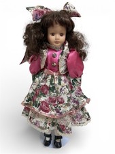 Vintage Porcelain Girl Doll Floral Dress Pink Satin Top Curly Hair w Stand