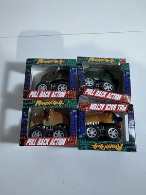 Lot of 4 Roarin 4x4 Super Fast Pull Back Action Racers Toy Cars Dinosaurs