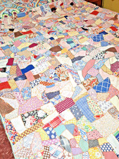 Antique Crazy Quilt W/ Heavy Batting 60" x 68" Embroidered Hand Quilted Feedsack