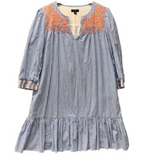 J Crew Dress Womens XS Blue White Stripe Embroidered Boho Peasant Ruffle Hem