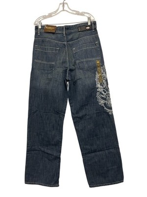 Ecko Unltd Mens Jeans Sz 34 Blue Denim Baggy Fit Mid Wash Embroidered Logo NWT