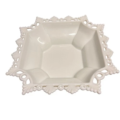 VTG Westmoreland Glass Ring and Petal Reticulated Pierced Milk Glass Square Bowl
