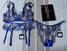 Honey Birdette Romy Blue set 38DDD brief Garter L Whitney stockings blue L NWT