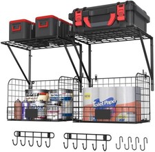2 Pack Garage Shelves Wall Mounted with Wire Baskets, Heavy Duty Garage Wall Sh