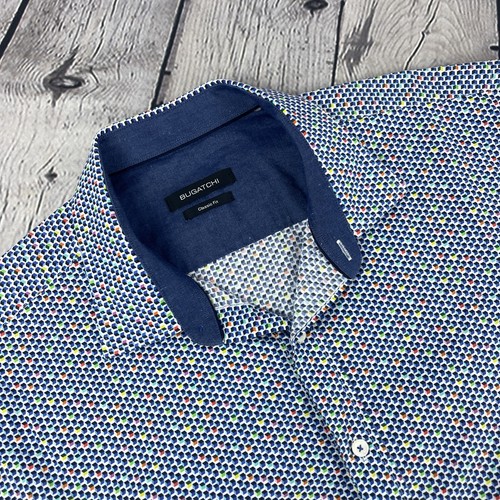 Bugatchi Hemd Herren XL Blau Geometrisch Abstrakt Klassisch Kurzarm Knopfleiste