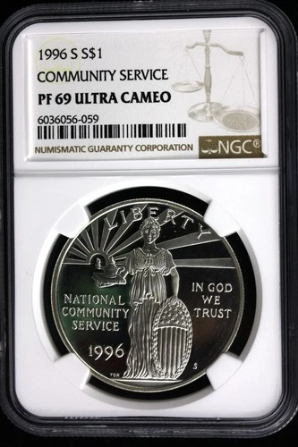 1996-S $1 COMMUNITY SERVICE COMMEMORATIVE SILVER COIN, NGC PF69