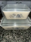 Pyrex Homestead Refrigerator Dish w/Lid #503-B Vtg Blue Design Beige Speckled