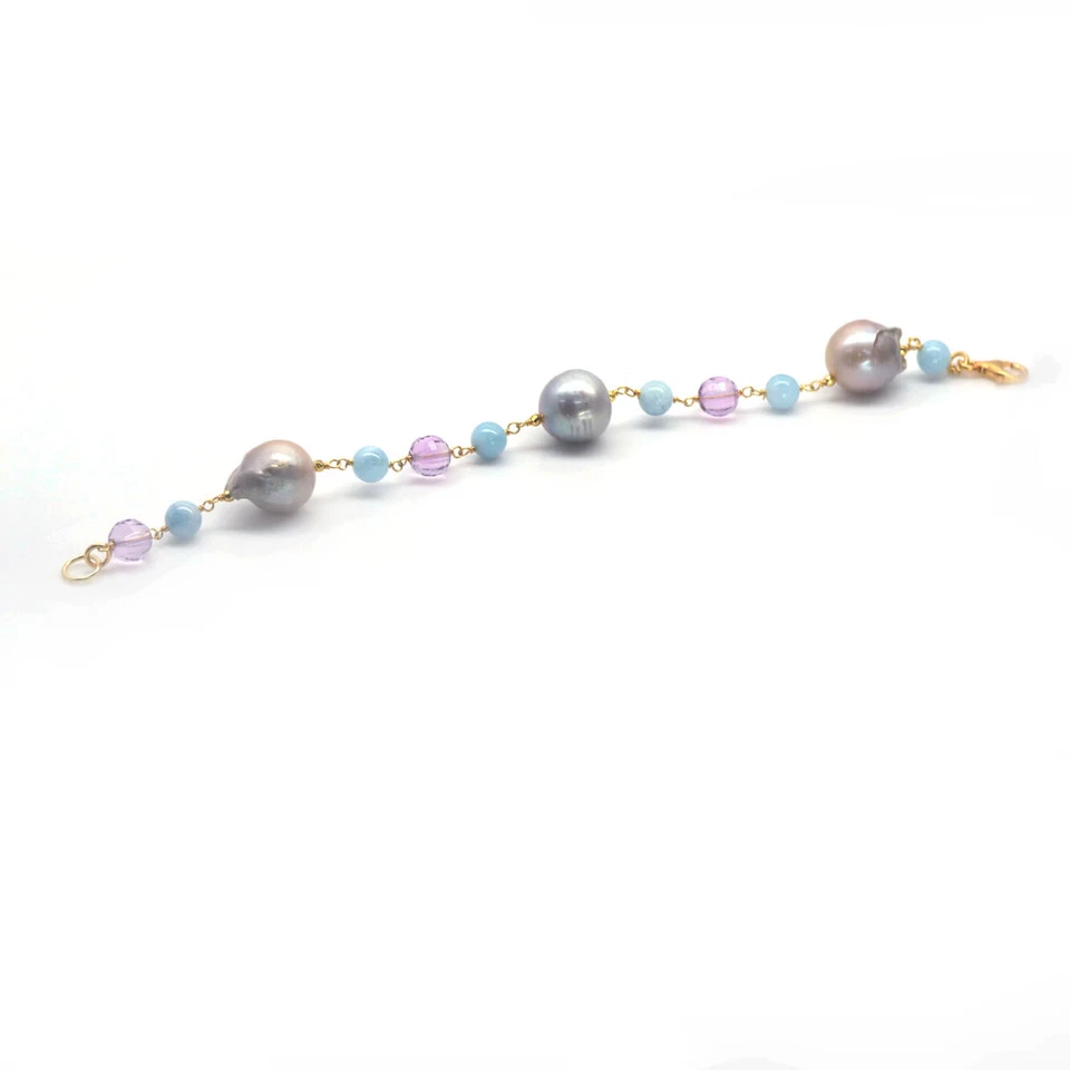 Edelstein Grau Perle, Amethyst & Aquamarin 925 Silber 18K Gold Armband 19.1cm - Bild 4 von 4