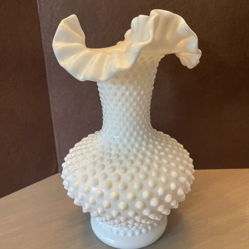 10.5 Vintage English Hobnail Double Ruffled Fenton Vase Milk Glass