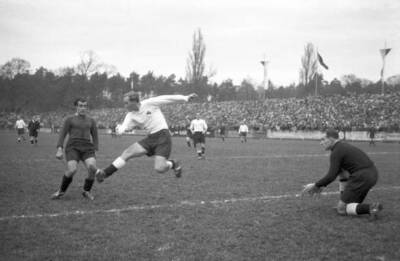 An action scene from match between Kickers Offenbach SpVgg Fuerth - 1951 Photo