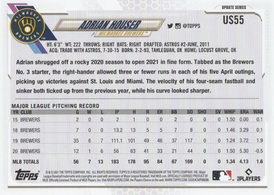 ADRIAN HOUSER (Brewers) 2021 Topps Update Series Card - Card Number US55 - Image 2 of 2