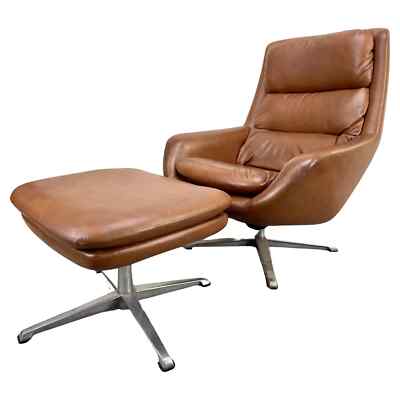Swedish Mid Century Modern Brown Faux Leather Lounge Chair Ottoman