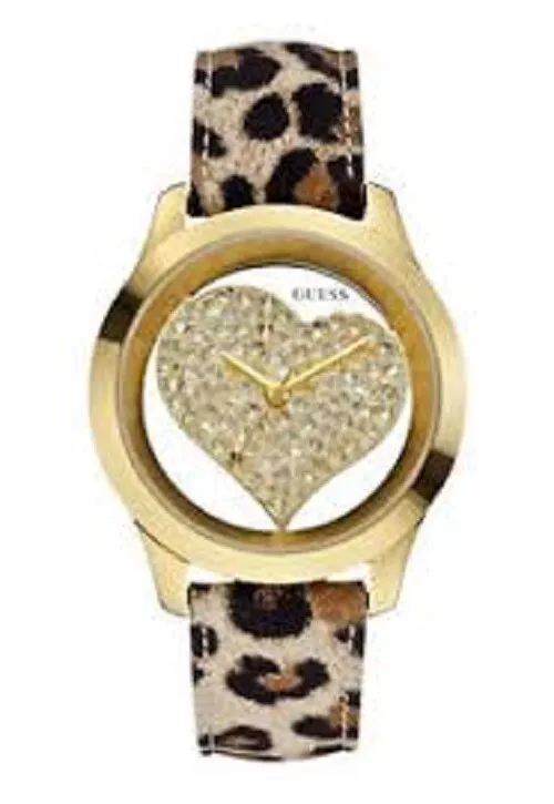 New Authentic GUESS GOLD TONE LEOPARD PRINT Leather band HEART watch U0113L7