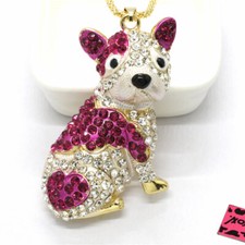 Fashion Women Cute Rose Bulldog Dog Puppy Crystal Pendant Chain Necklace