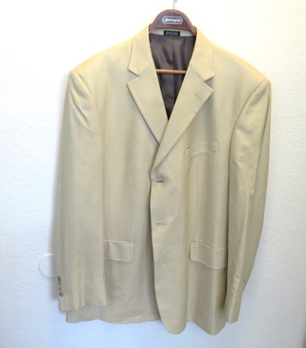 John Ashford Blazer Sport Coat Jacket 46R Beige 100% Silk Herringbone 3 Button