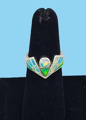 Vintage David Freeland Jr Fire Opal ANGEL Inlay Sterling Silver Ring - Size 5
