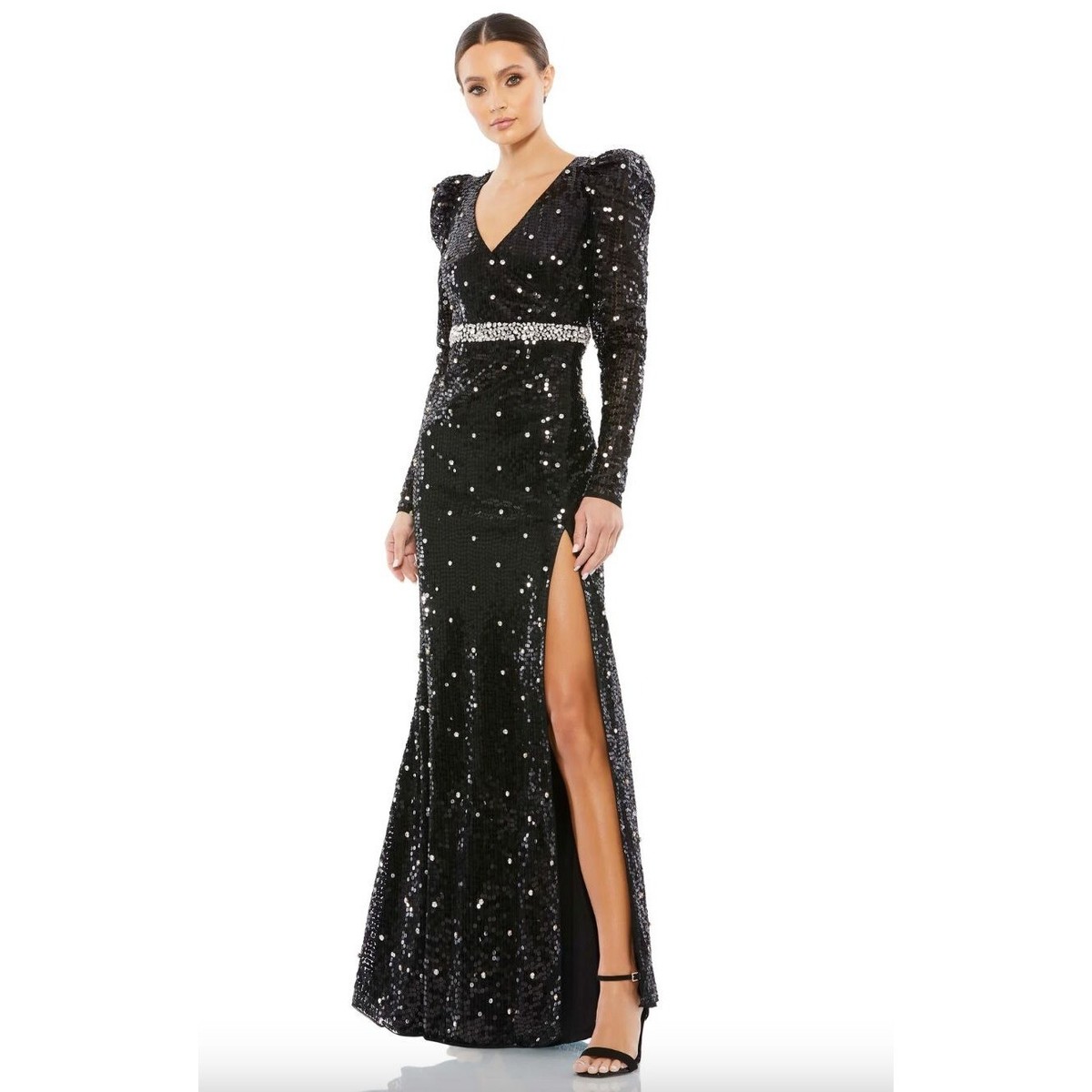 MAC DUGGAL シークインレース Vネック ロングドレス ブラック MAC DUGGAL Sequined Long Sleeve V-Neck High Slit Gown Size 2