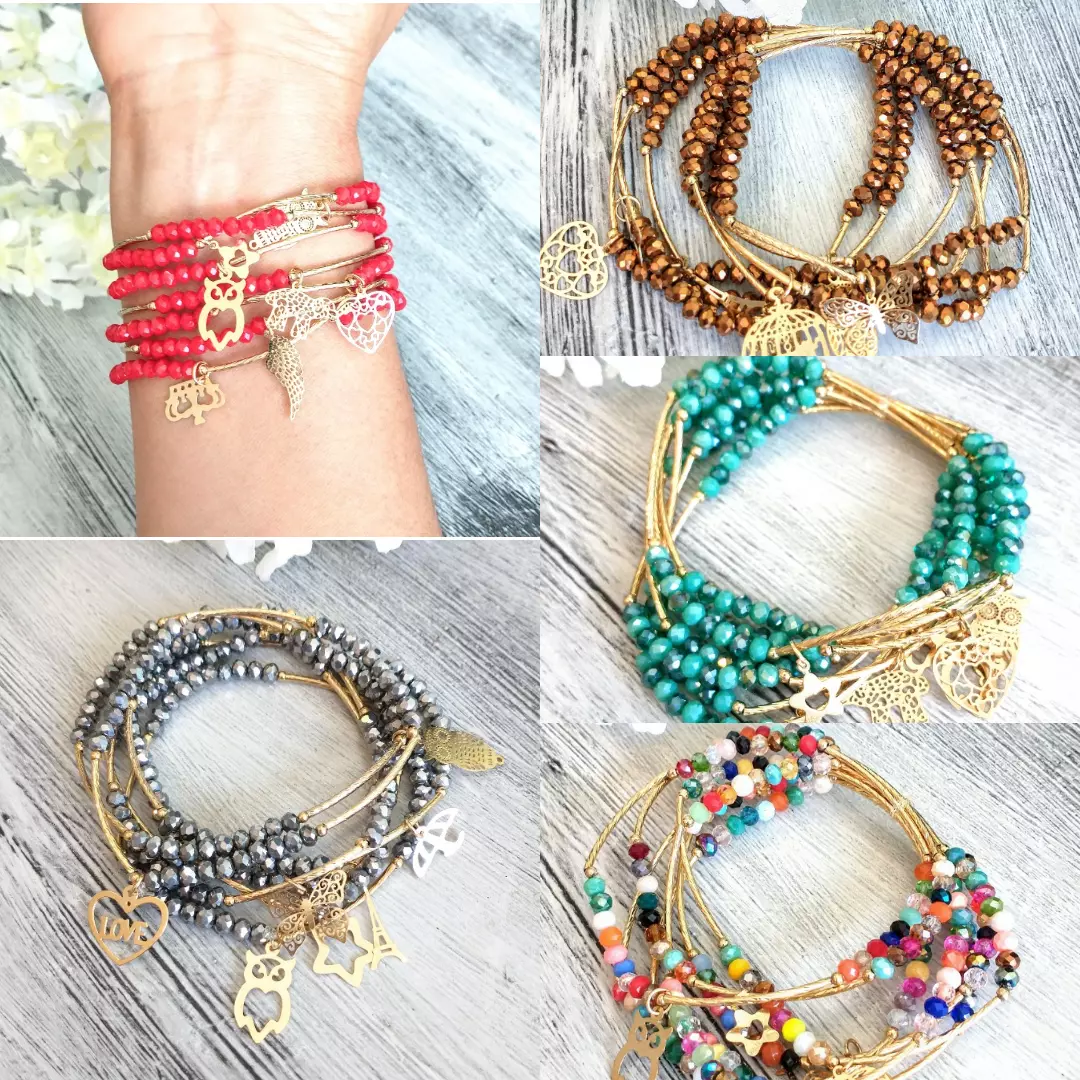 7 Pcs Semanario Bracelet Set Gold Plated Lucky Charms Crystal Faceted Beads