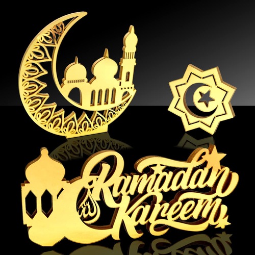 3 Pieces Ramadan Acrylic Wooden Table Sign Eid Mubarak Moon and Star Table Decor - Picture 12 of 12