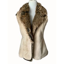 Womens Reversible Faux Fur Collar Vest By Fever Size Medium Beige Brown Tailored