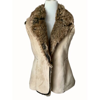 Womens Reversible Faux Fur Collar Vest By Fever Size Medium Beige Brown  Tailored