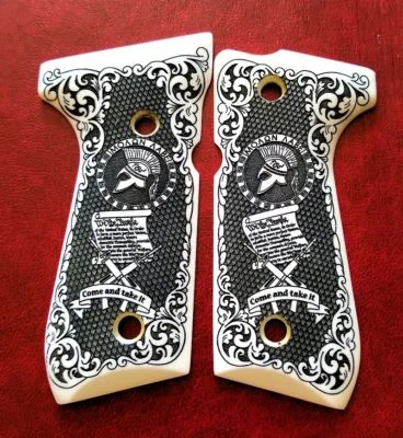 Beretta 92 92FS 96 custom engraved ivory grips MOLON LABE 2nd Amendment Spartan