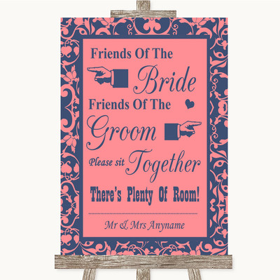 Personalisiertes Hochzeitsschild korallenrosa & blau Freunde der Braut Bräutigam Sitz