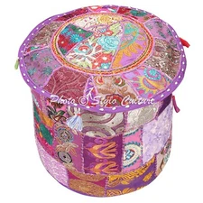 Indian Footstool Pouf Cover Patchwork Embroidered Large Round Ottoman Cotton 18"
