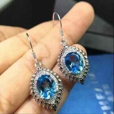 14k White Gold Plated 3Ct Oval Cut Lab-Created Blue Topaz Drop/Dangle Earrings