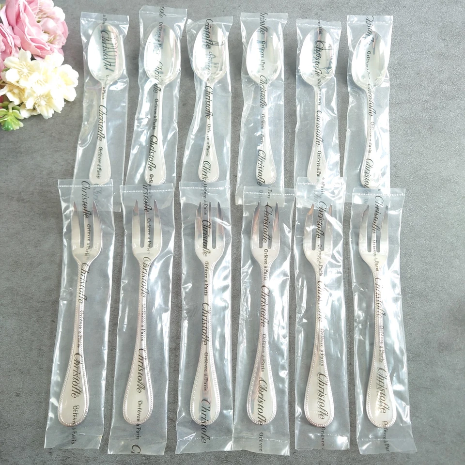 Christofle Perles NUEVO 12 piezas cubiertos plateados cuchara de café tenedor para pasteles Foto 2 de 4