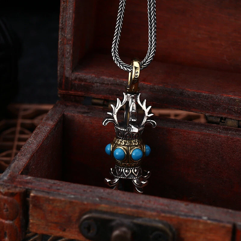 Серебряный кулон S925 VAJRA DORJE бирюзовый двухцветный тибетский буддийский амулет 12 г - Изображение 4 из 4
